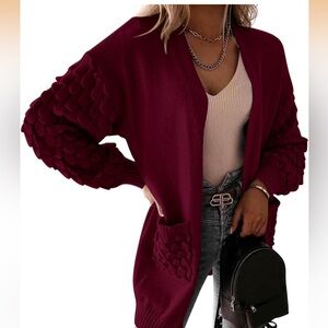 NWOT Burgundy Cardigan Sweater with Textured Sleeves and Pockets Size Small